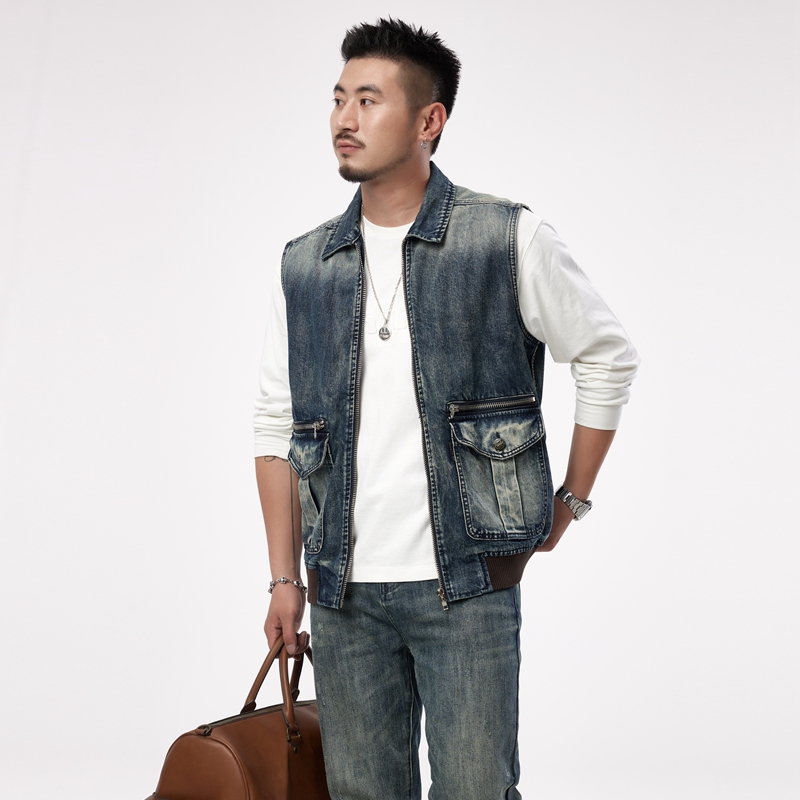秋季新款复古重工潮牌牛仔马甲男士个性水洗修身背心无袖坎肩外套