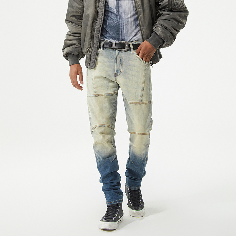高端美式复古水洗渐变男士牛仔裤潮流机车拼接直筒小脚长裤8393
