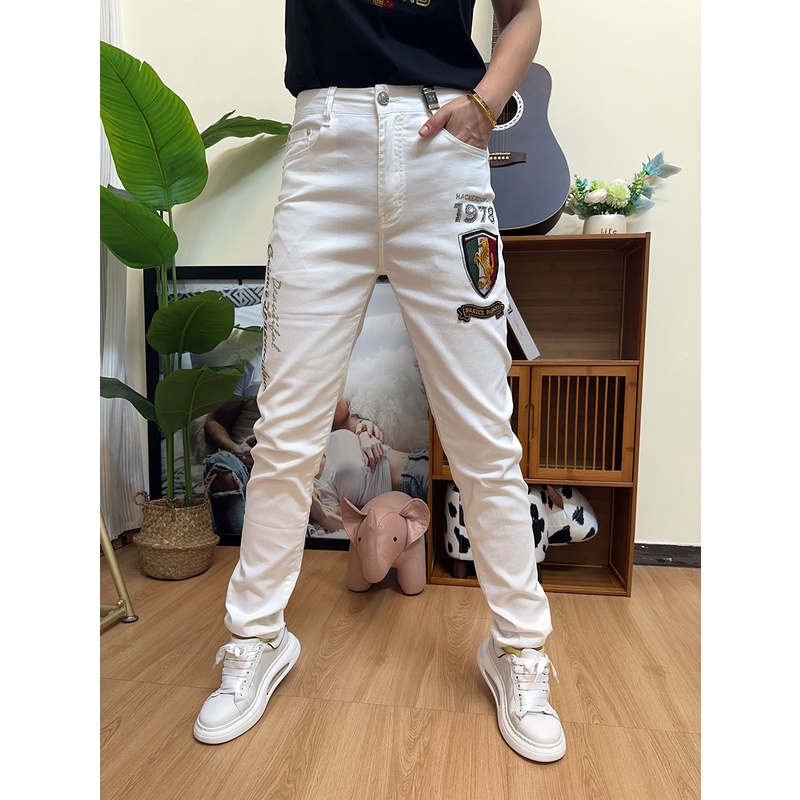 春秋高端白色休闲牛仔长裤男士潮牌2024新款修身小脚弹力牛仔6633