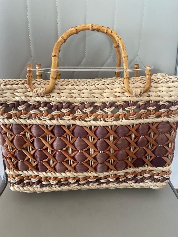 玉米皮手工编织彩色竹节胡须把手的手提包（外贸库存瑕疵款）