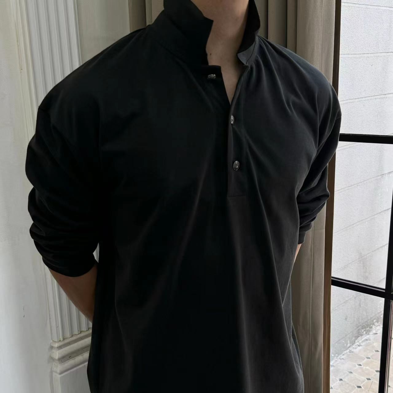 AsI'm「六分袖」立领polo衫 堆叠袖翻领显壮纽扣长袖T恤男