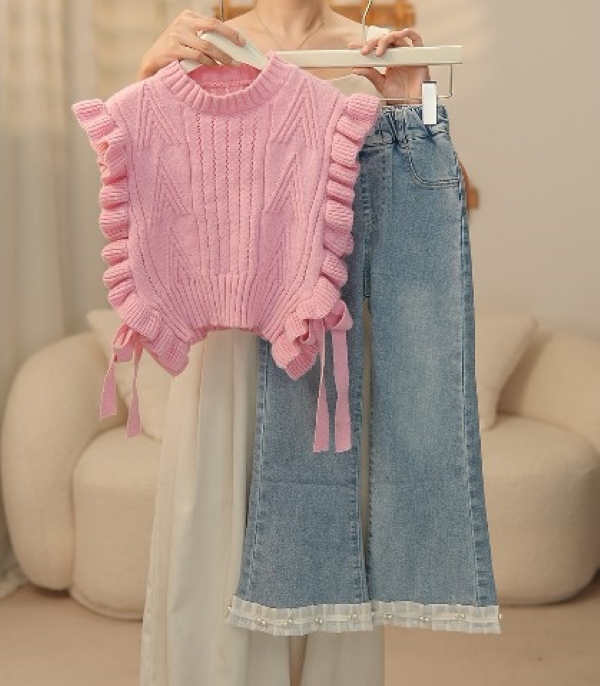 【豆子布服】2024新款秋季毛衫马夹女童针织秋冬时尚百搭牛仔裤