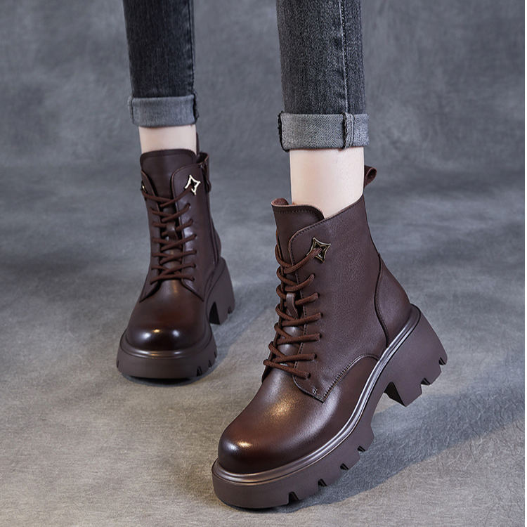 【老龙原创】头层牛皮厚底增高马丁靴女2025秋冬新款百搭粗跟短靴女