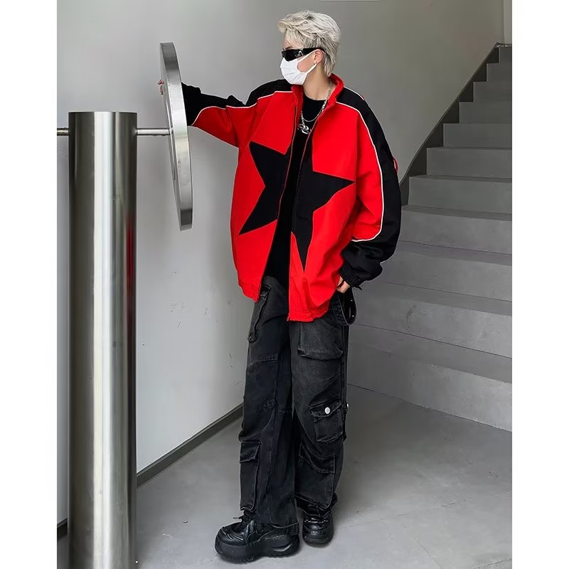 美式hiphop高街星星拼接冲锋衣男小众宽松设计感百搭个性夹克外套