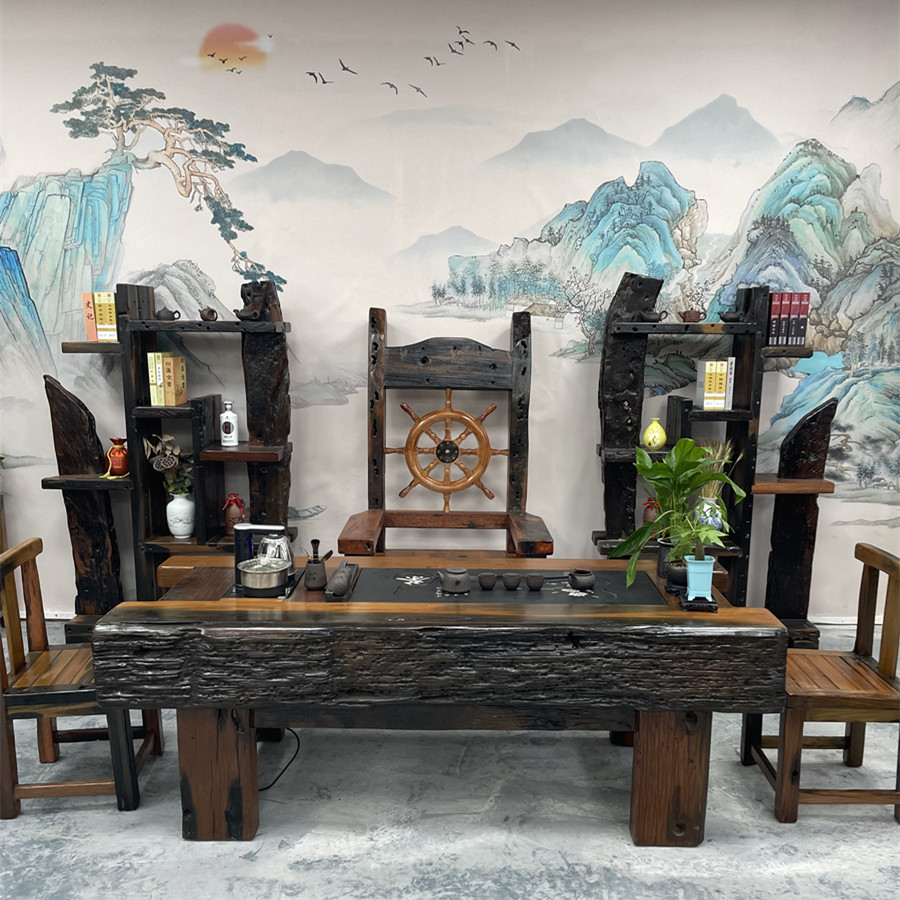 高档老船木龙骨茶桌可定制尺寸茶桌实木茶桌配全自动烧水壶