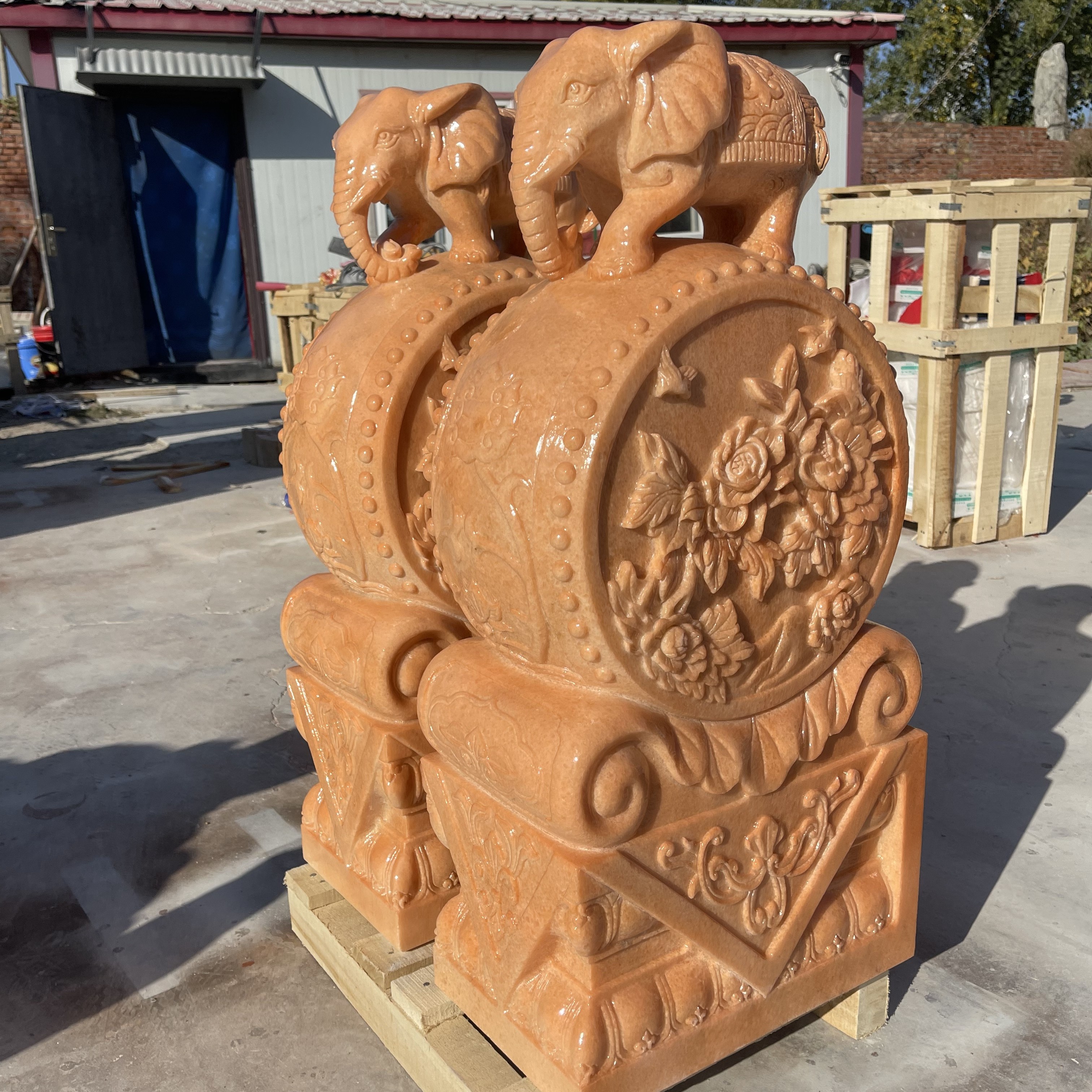 石雕狮子门墩石鼓一对晚霞红家用门口摆件抱鼓石门鼓门当青石貔貅