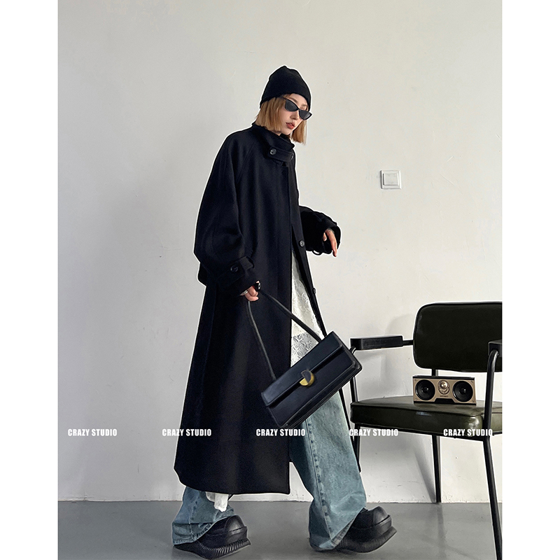 秋冬设计感中长款立领呢子风衣外套插肩袖系带复古毛呢大衣女