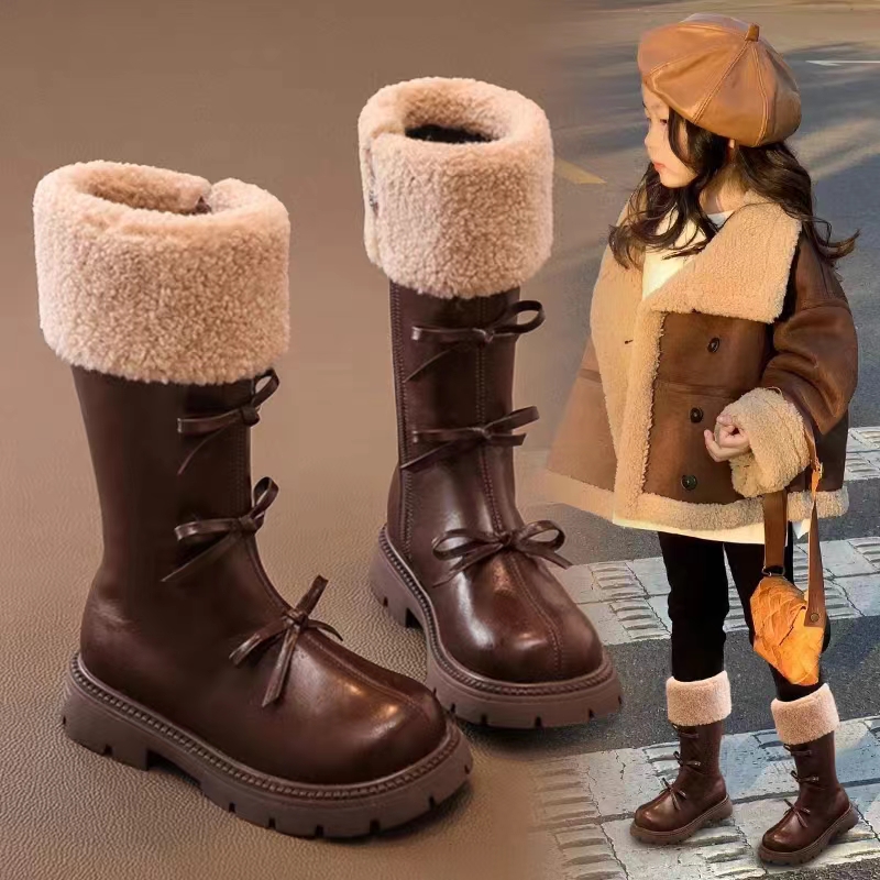 女童鞋儿童长筒靴子2025年冬季新款高筒皮靴公主加绒防滑软底靴子