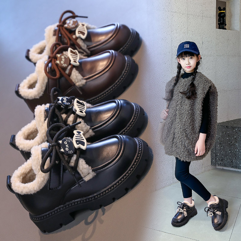 女童加绒公主小皮鞋2025年冬季新款英伦乐福鞋防滑软底中大童棉鞋