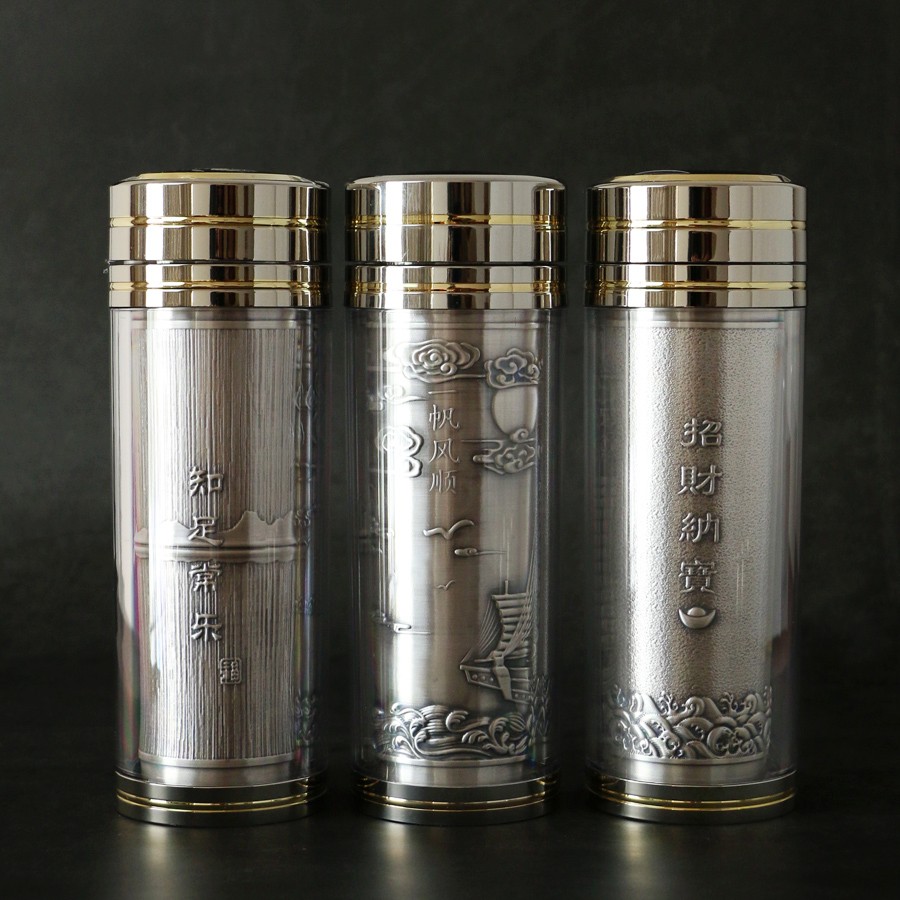 足银银制品 银水杯999足银内胆保温杯雪花熟银直筒银杯浮雕高档礼