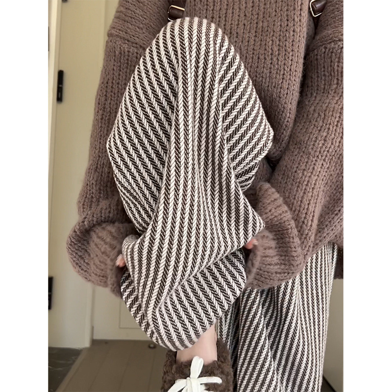 竖条纹毛呢裤子女秋冬季2023新款高腰休闲复古直筒慵懒拖地阔腿裤