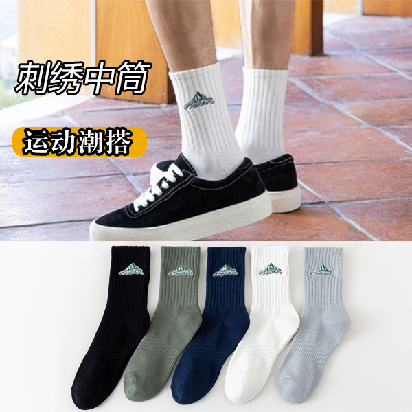 袜子男秋冬款中筒棉袜刺绣男生运动篮球袜滑板休闲ins潮流长袜