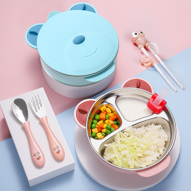 宝宝餐盘分格注水保温辅食碗吸盘式吃饭防摔不锈钢婴儿童餐具套装