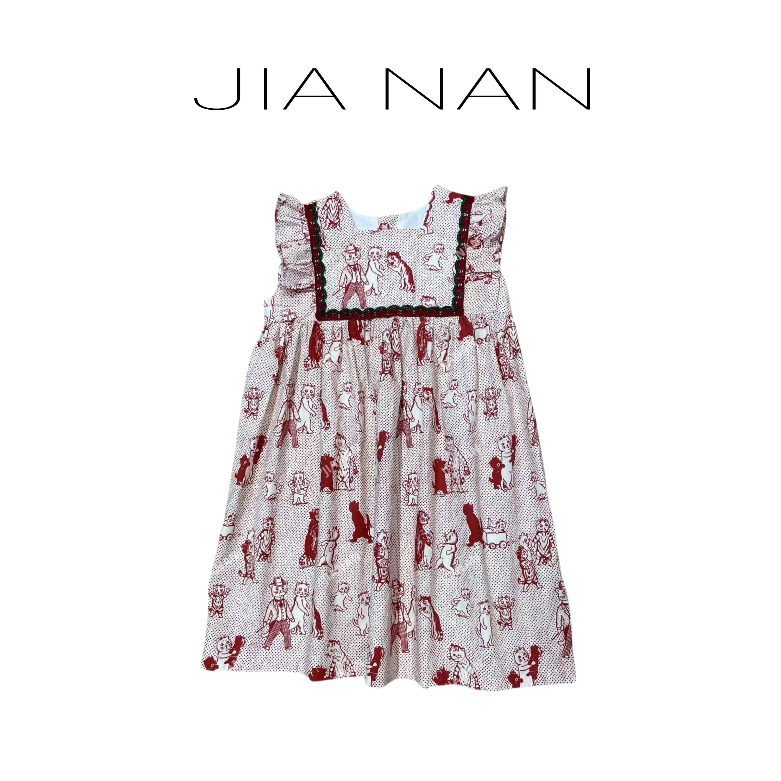 杏色小飞袖印花连衣裙6777