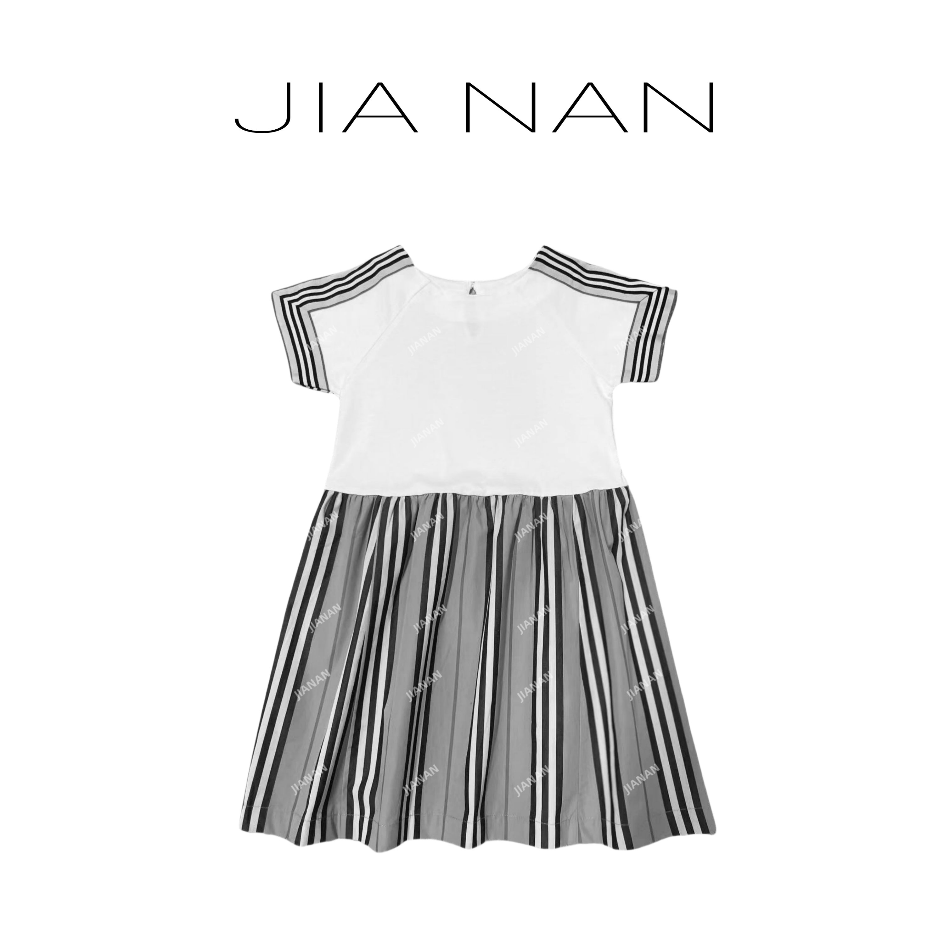 圆领白色拼接撞色休闲连衣裙6676