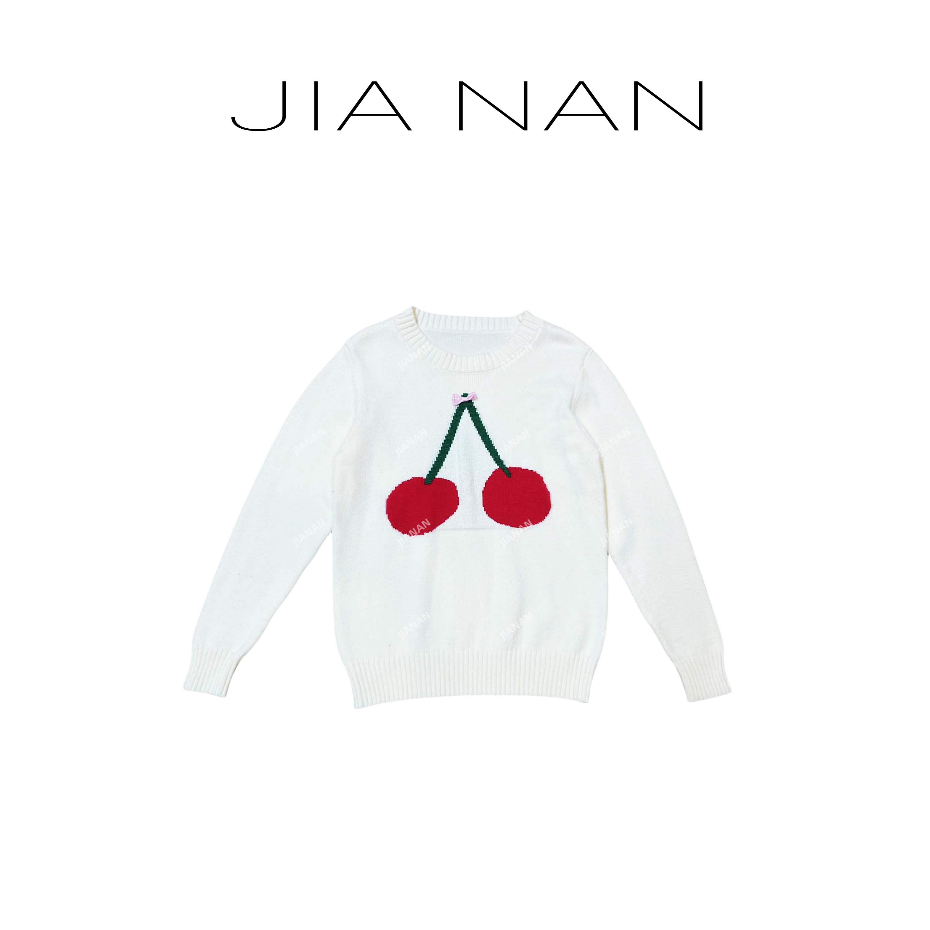 白色圆领刺绣樱桃针织衫C245