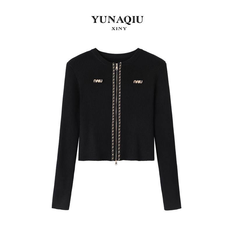 双拉链黑色针织开衫女秋季修身长袖打底衫2023新款欧货小香风上衣