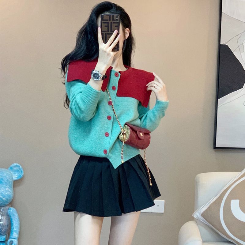 Fjs秋冬甜美软糯毛衣女新款拼色针织衫女轻熟御姐外穿开