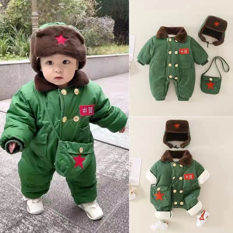 婴儿加厚连体衣冬季男女宝宝拜年服洋气东北军绿色大衣婴儿厚棉衣