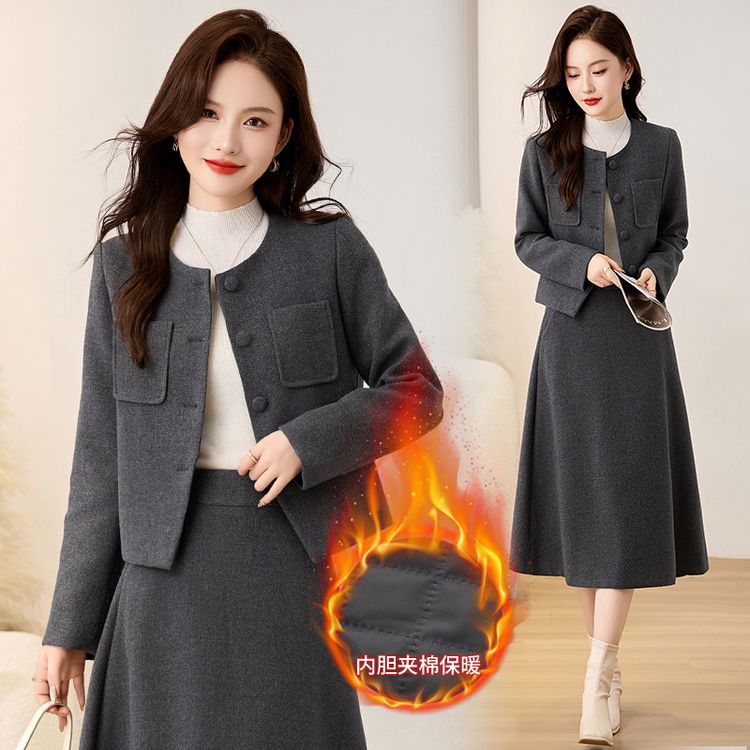 秋冬加厚毛呢套装女冬季新款两件套裙加厚夹棉保暖时尚小香风