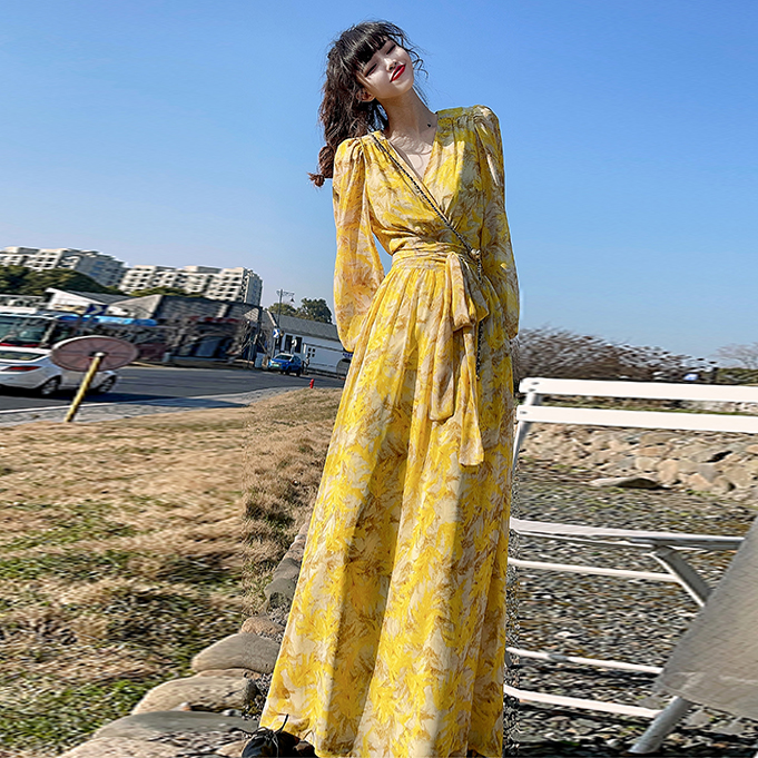 孤品断码捡漏 法式V领长款及踝茶歇裙一片式绑带气质连衣裙很仙夏