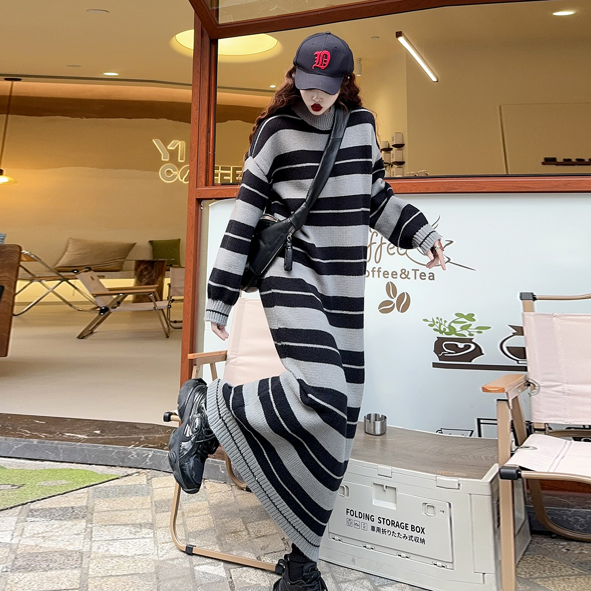 高个子加长款慵懒风及踝条纹毛衣2024秋冬新款针织连衣裙宽松大码