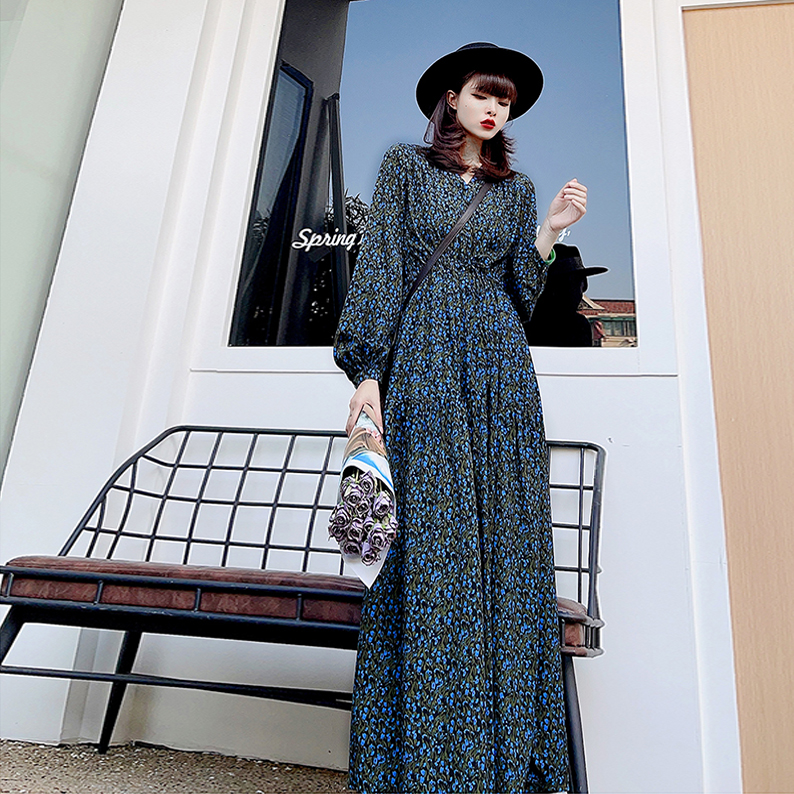 孤品清仓捡漏 法式复古桔梗连衣裙女收腰显瘦气质长袖雪纺碎花裙