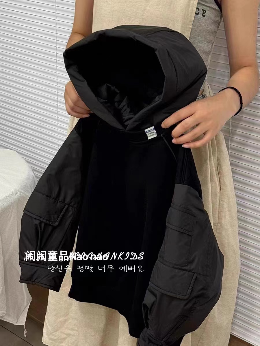 3564款一体绒加绒拼接保暖卫衣中大童连帽简约宽松儿童