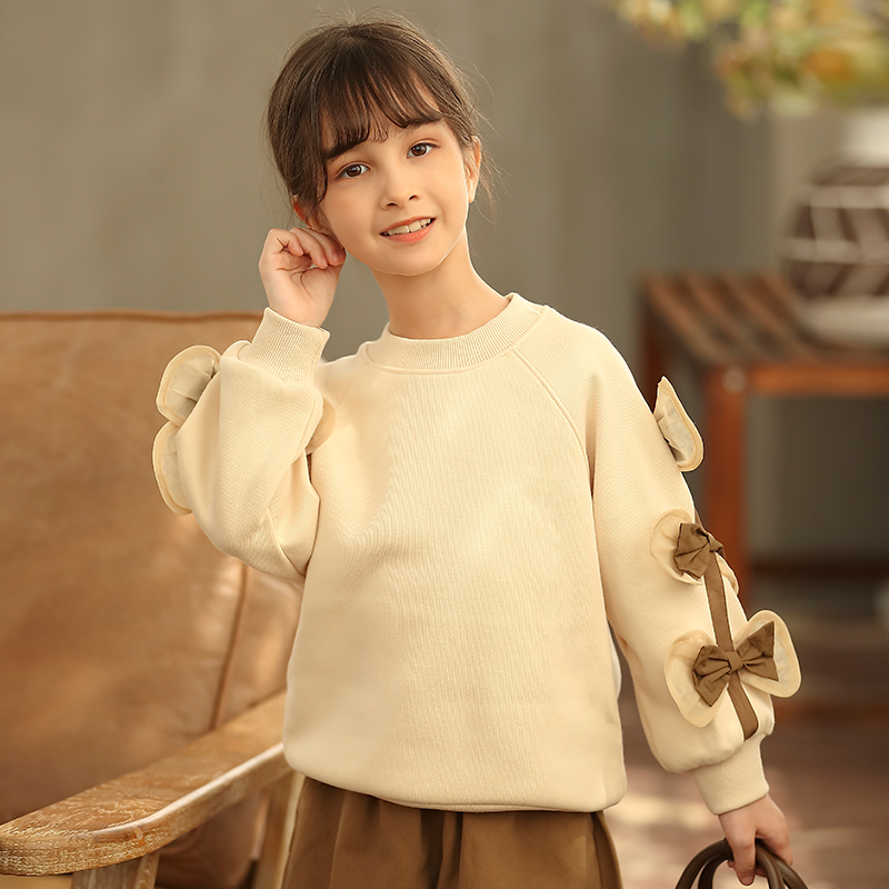 女童长袖撞色立体蝴蝶结2023秋季款中大童小公主可爱韩版宽松卫衣