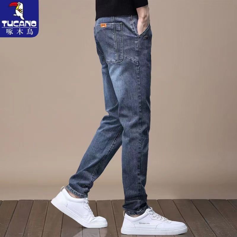 啄木鸟正品牛仔长裤男士秋冬潮牌2022新款修身小脚休闲牛仔裤子男