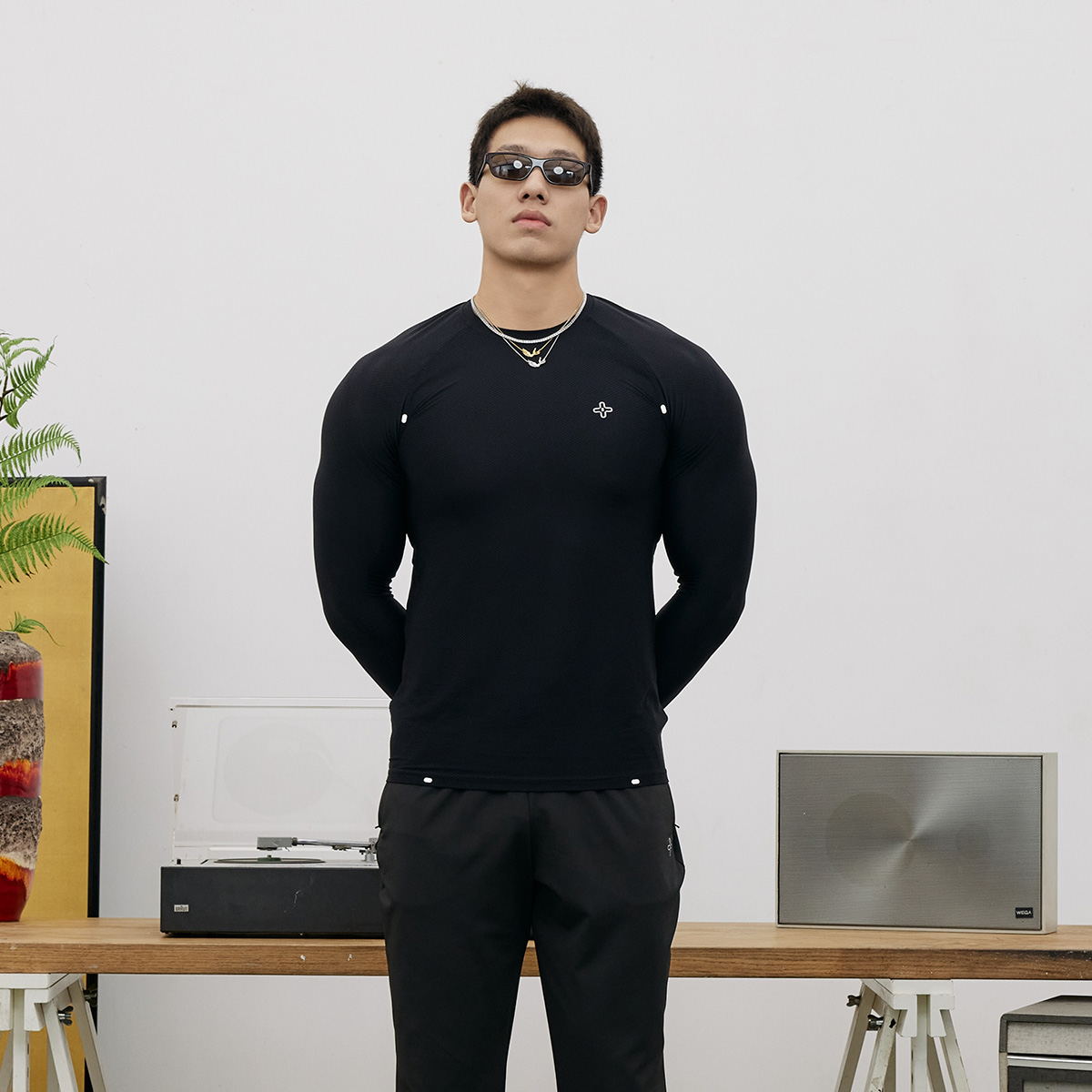 Basic Unit基本单元 网眼运动T恤男长袖紧身弹力透气健身衣服上衣