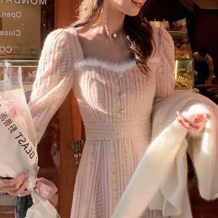 韩系冬季配大衣打底蕾丝拼接方领加绒气质内搭仙女连衣裙长袖新款