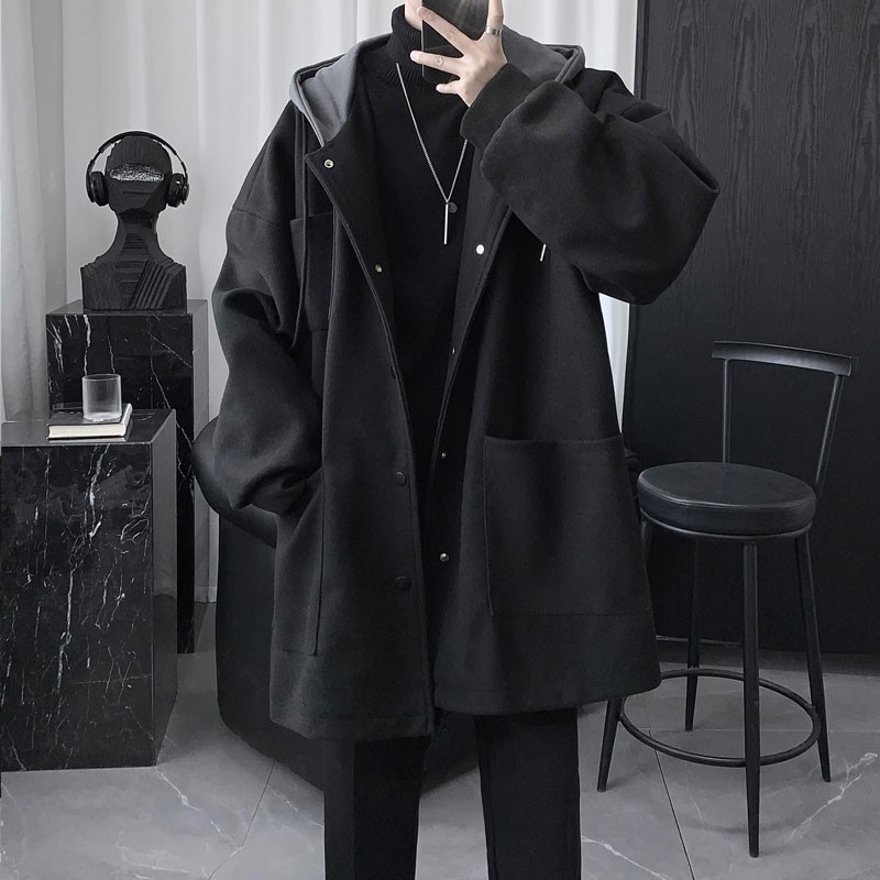 潮牌冬季宽松夹棉连帽外套男帅气秋冬中长款加厚毛呢ins大衣痞帅