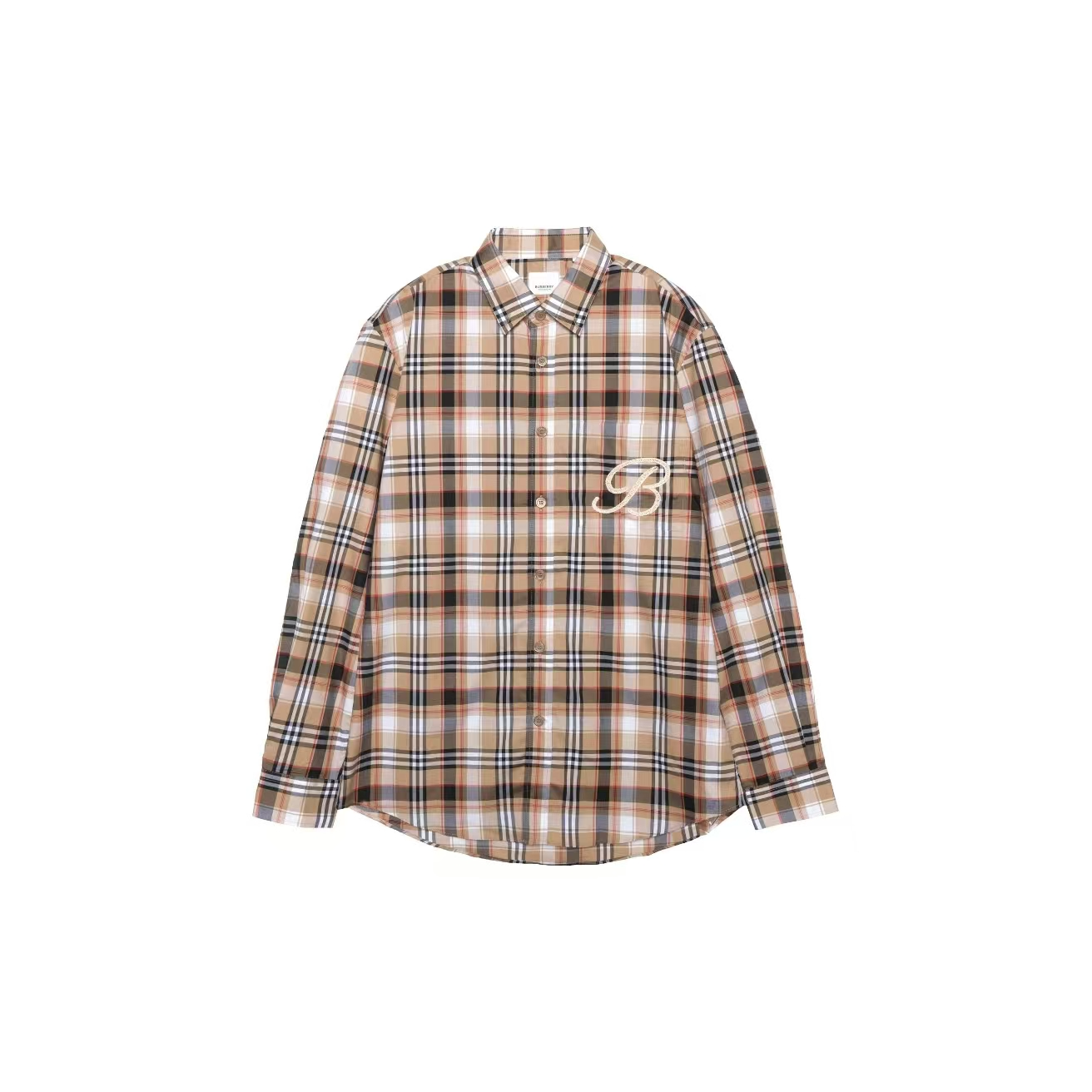 99新 BURBERRY/博柏利 刺绣图案经典格纹长袖衬衫M码 CB215