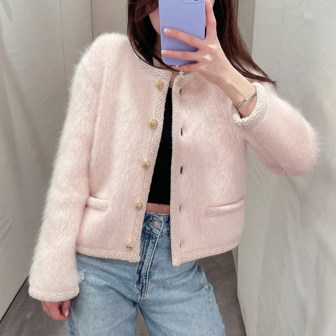 99新 Celine/思琳 亿颗潮奢粉色圆领单排扣外套S码M518