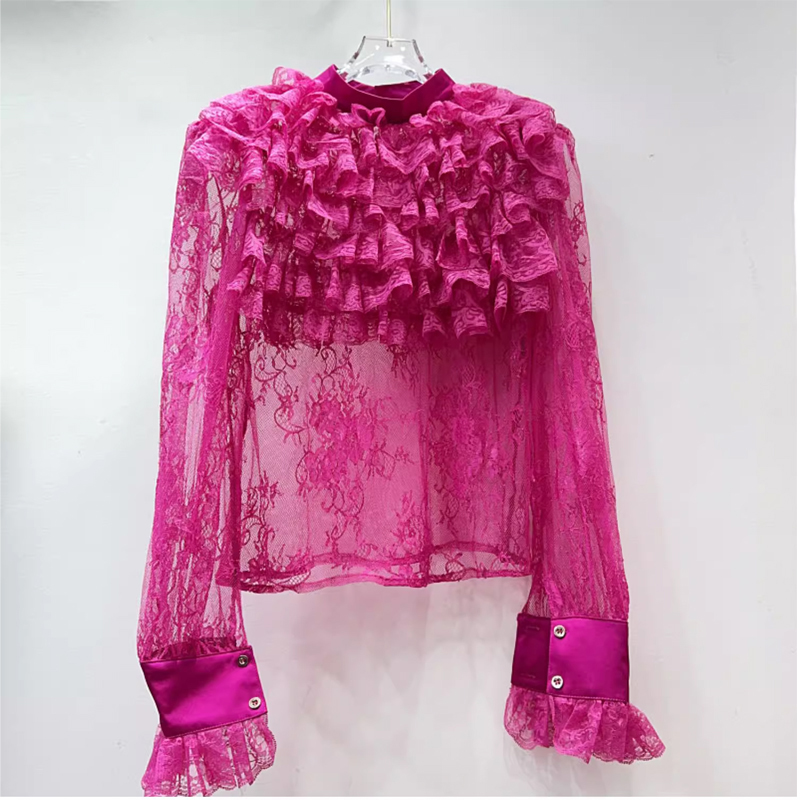 网红同款复古木耳花边拼接立领套头衬衣女时尚短款钩花镂空蕾丝衫