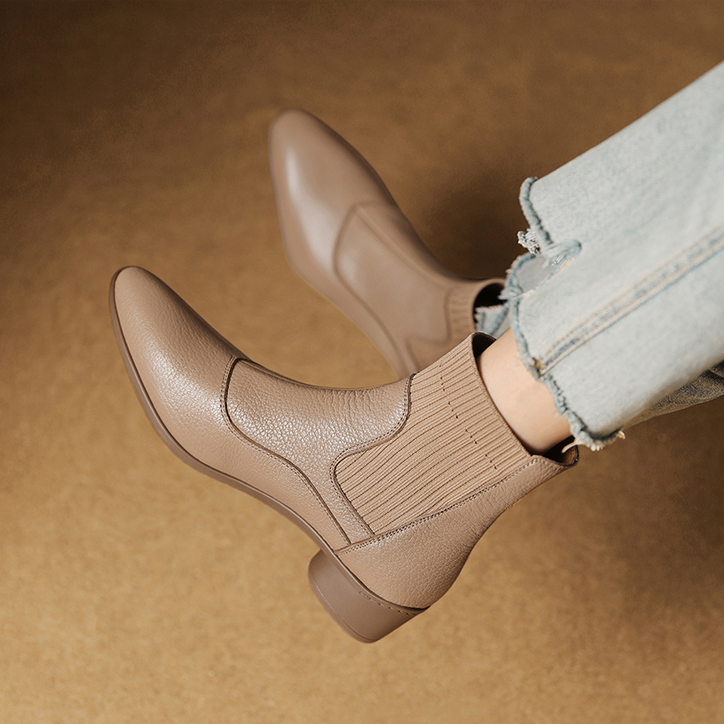 3cm[34-40码]中跟短靴女粗跟2024秋冬新款真皮靴子复古粗跟马丁靴