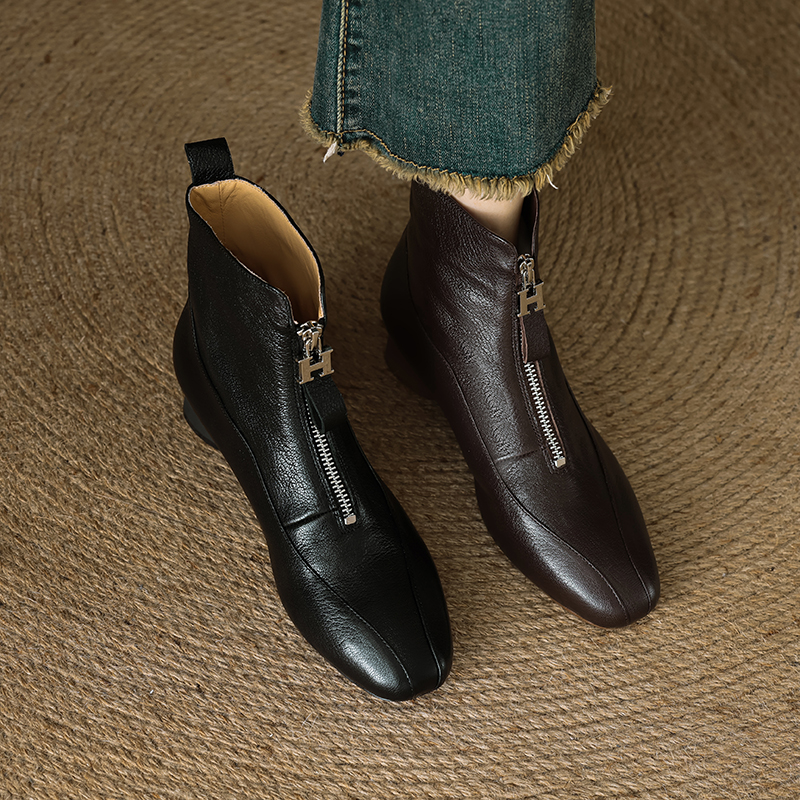 3cm[34-40]百搭尖头复古马丁靴真皮前拉链保暖厚绒粗跟棕色短靴