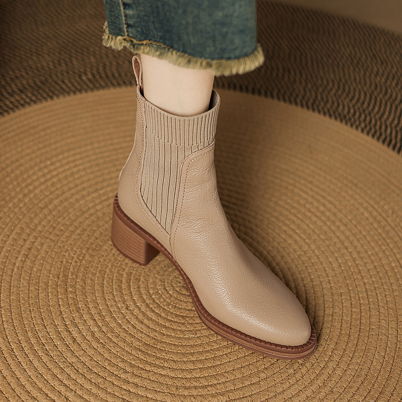 5cm[34-40]复古针织袜靴女粗高跟短靴2024粗跟短靴真皮秋冬马丁靴