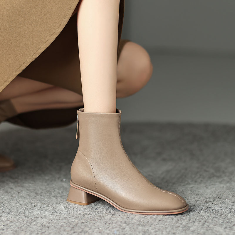 4cm【34-39码】法式短靴女2024秋冬新款真皮粗跟中跟瘦瘦百搭马丁靴