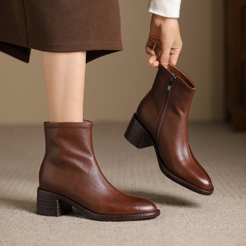 4cm[34-40]复古棕色短靴女2024冬季新款真皮方头粗跟百搭瘦瘦靴子