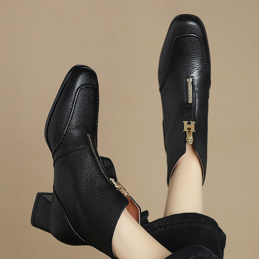 4cm[34-39]真皮前拉链马丁靴女高跟新款英伦风秋冬季显瘦粗跟短靴