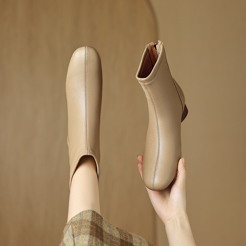 3cm[34-码]复古真皮英伦风芭蕾风圆头中跟百搭女式真皮短靴单鞋