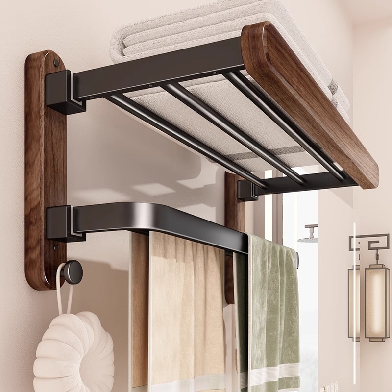 胡桃木毛巾架卫生间置物架免打孔浴室架子卫生间厕所浴巾一体挂架