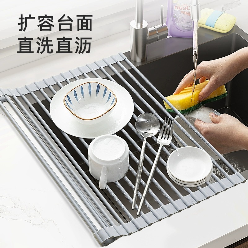 厨房水槽沥水架水池碗碟沥水帘沥水卷帘收纳架可折叠伸缩沥水篮子