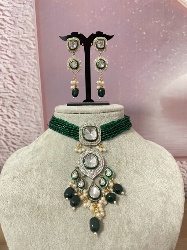 铜合金琉璃吊坠 印度手工饰品绿色金色套装耳坠+项链气质时尚中古