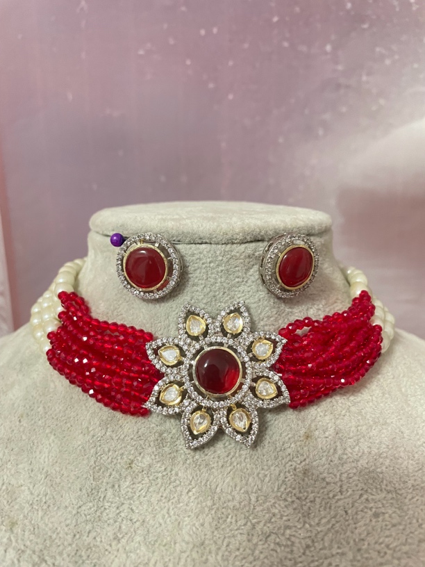 铜合金仿珍珠耳饰 铜合金项链耳坠时尚红色纯手工宫廷风轻奢百搭