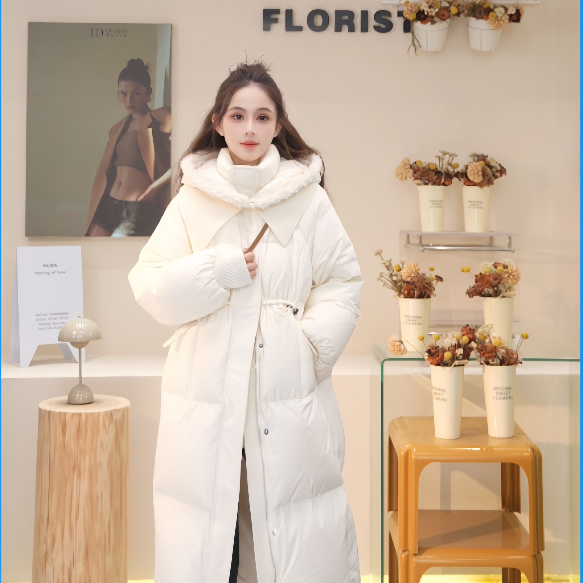 Basic House/百家好YL韩系宽松加厚长款连帽羽绒服保暖外套M80