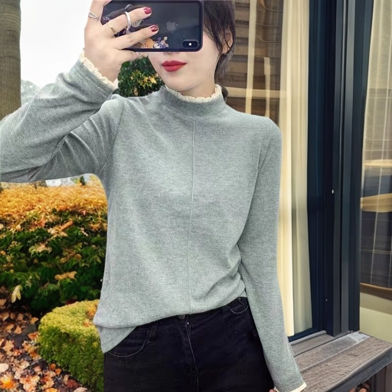 【昊雅】2024时尚新款双面德绒磨毛加厚蕾丝打底衫女百搭半高领保暖