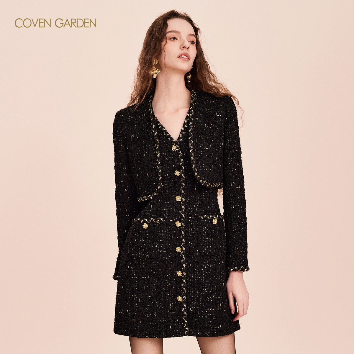 哥文花园 V型翻领珍珠金属点缀精致优雅无袖连衣裙 CLC4084038